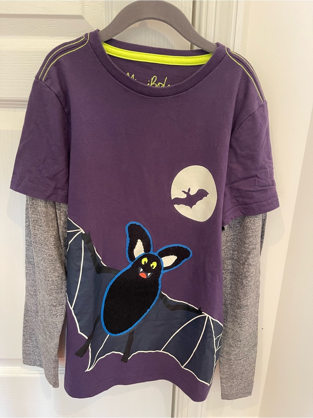 Mini Boden Purple Bat Layered Look Long-Sleeve Tee Halloween Boys Size 11-12